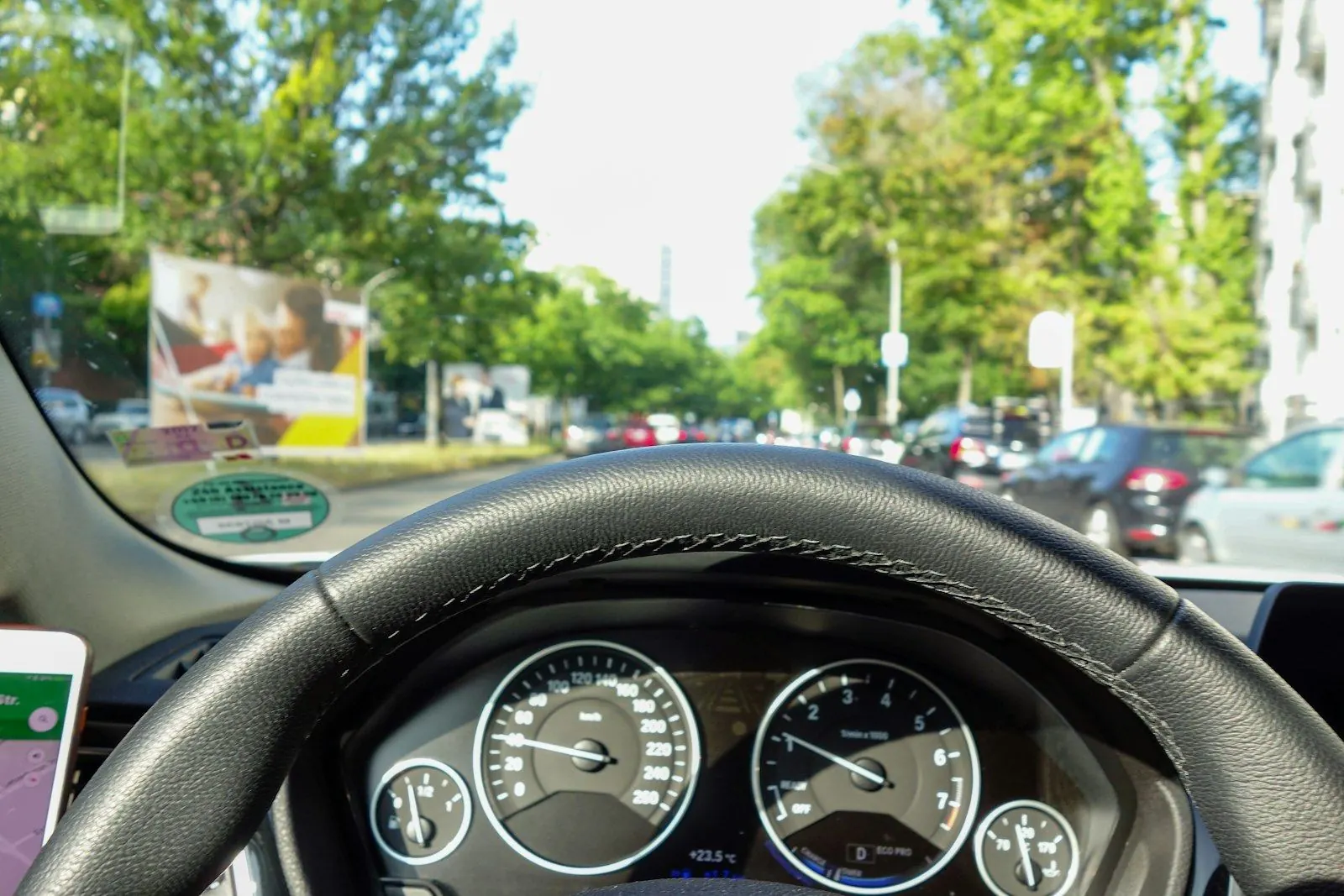 The steering wheel and dashboard of a car driving down a tree-lined street